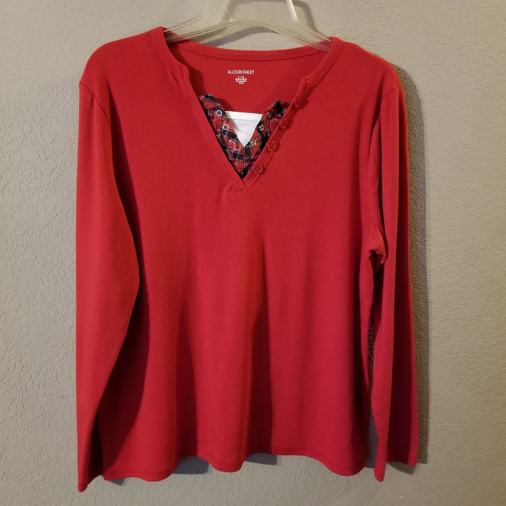 Allison Daley Womens Red Long Sleeve Top Red Plaid & White Insert at Neck Large